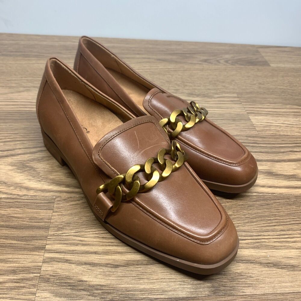 Vionic Women's Leather Gold Chain Loafers Mizelle Monks‎ Robe Brown Size 7